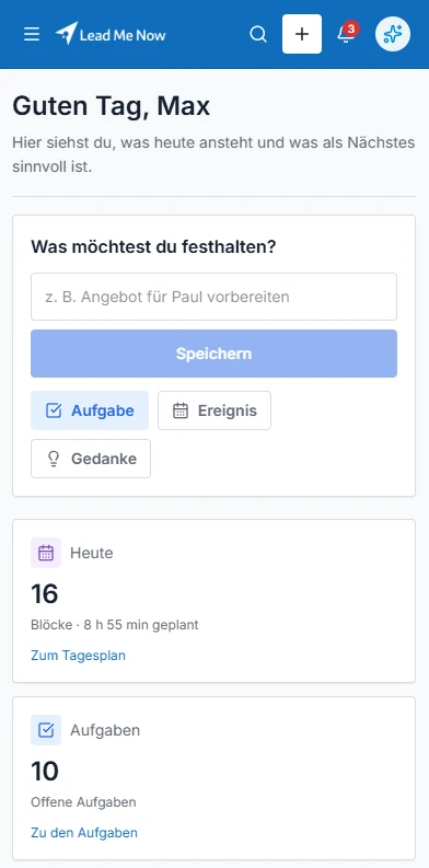 Mobile Startseite von Lead Me Now