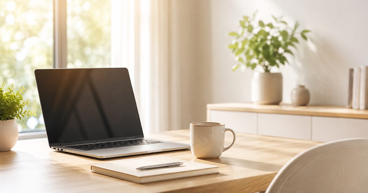 Laptop auf einem Schreibtisch mit Kaffee und Planer — Fokus und strukturiertes Arbeiten