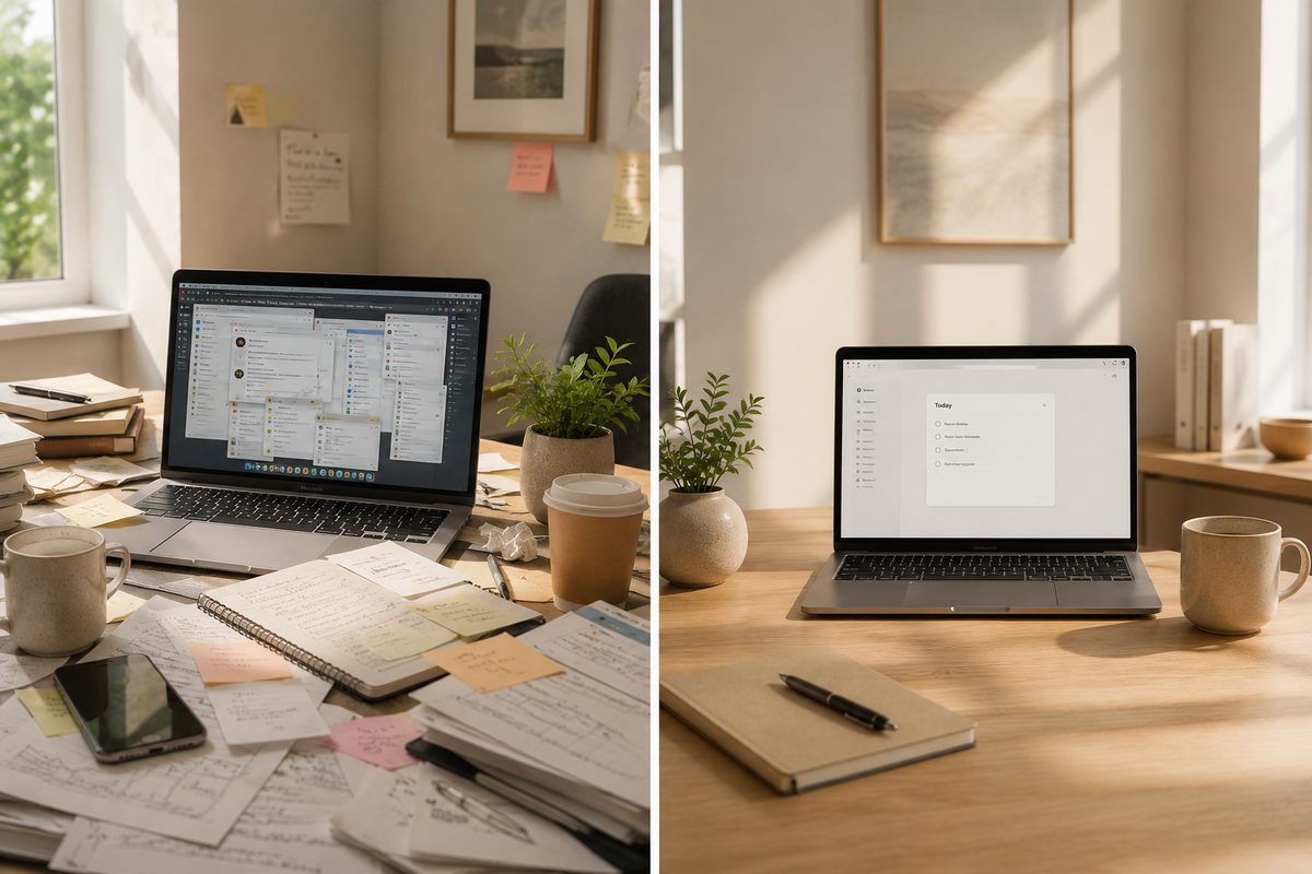 Überfüllter Schreibtisch versus aufgeräumter Fokus-Arbeitsplatz — Busy vs wirksam arbeiten