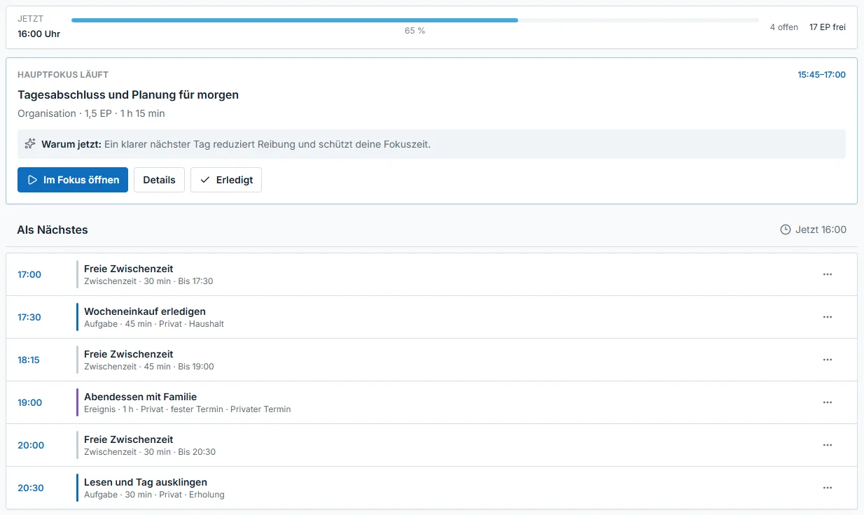 Tagesplan von Lead Me Now mit Fokusblock und geplanten Aufgaben
