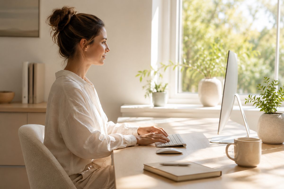 Frau arbeitet ruhig und fokussiert am Computer in einem hellen minimalistischen Homeoffice