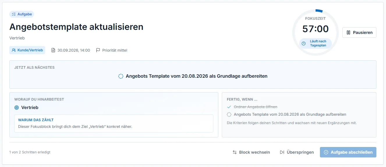 Fokusmodus von Lead Me Now mit Aufgabe, Arbeitsschritten und Fokuszeit