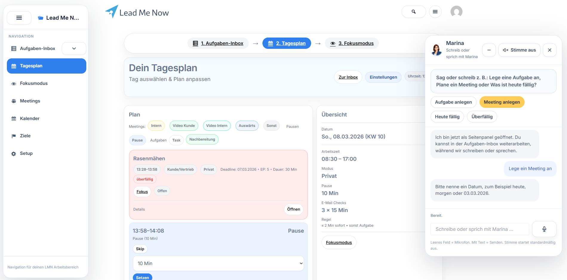 Screenshot zeigt Meeting-Notizen und nächste Schritte im Lead Me Now Tagesplan.